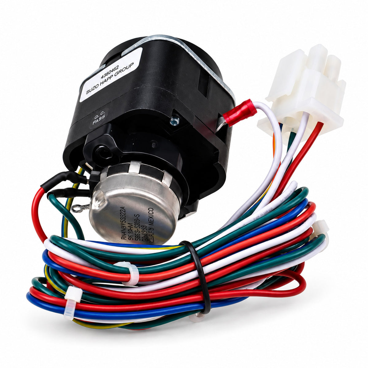 Angled view of JLG 4360462 speed control potentiometer showing multicolor wiring harness and white connector