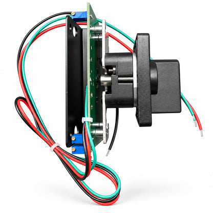 Side view of 36557GT controller with circuit board, metal bracket and colored wires