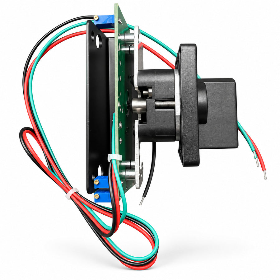 Side view of 36557GT controller with circuit board, metal bracket and colored wires