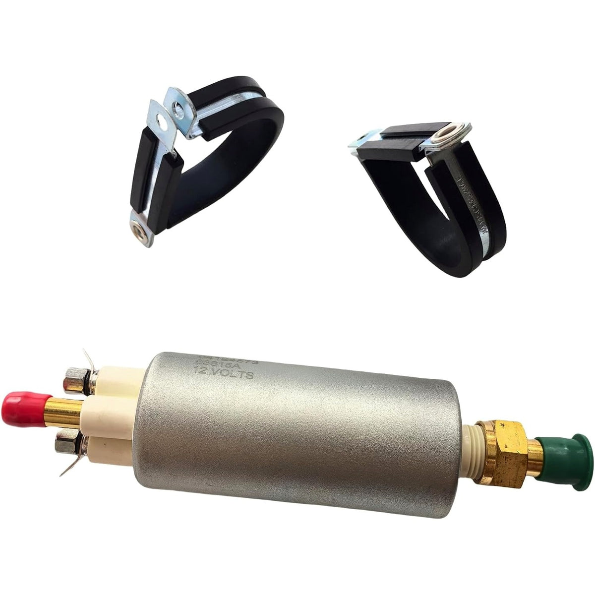 Two rubber-lined metal mounting clamps with bolt holes supplied with the 236259GT fuel pump