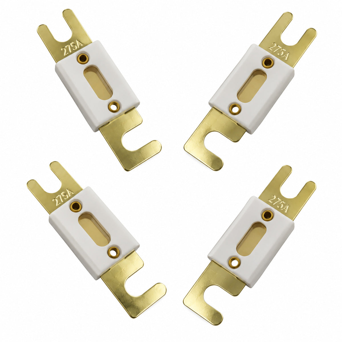 	Four 40833GT 275A replacement fuses with white insulating bodies and gold terminals