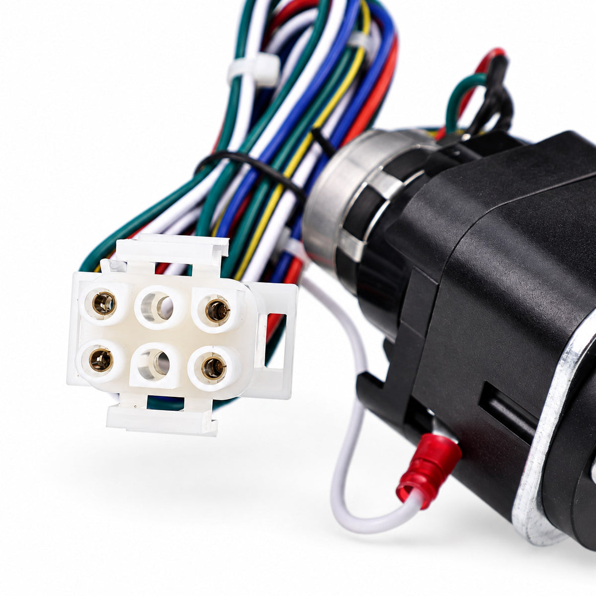 Close-up of JLG 4360462 potentiometer switch wiring harness, white multi-pin connector and electrical connections