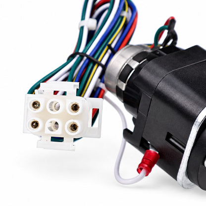 Close-up of JLG 4360462 potentiometer switch wiring harness, white multi-pin connector and electrical connections