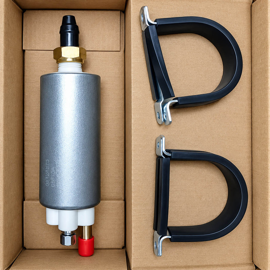 Actual photo of SAIYIS 236259GT fuel lift pump with two mounting clamps in packaging