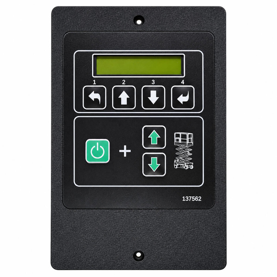 Angled view of 1256721 ECU ground control box showing membrane keypad and housing for Genie scissor lift