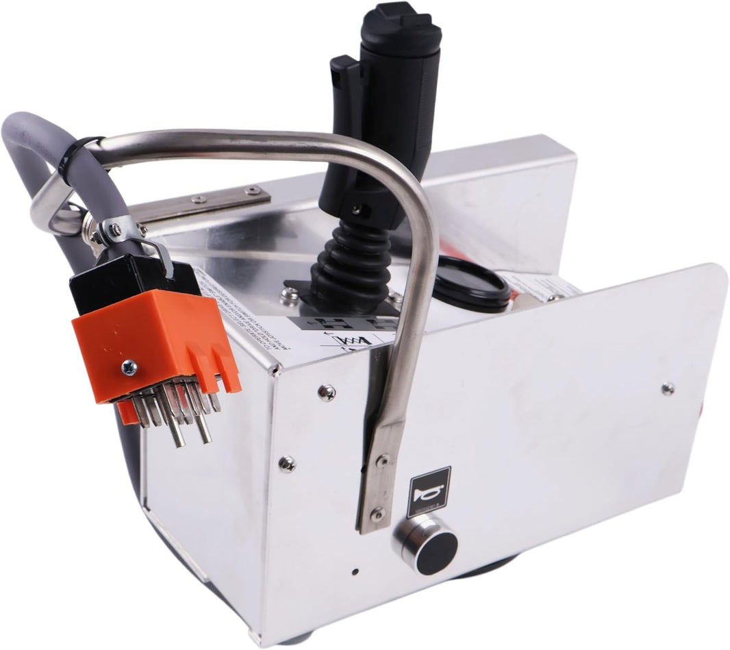 Side perspective of 310185 control box showing stainless steel guard rail and joystick for SkyJack lift