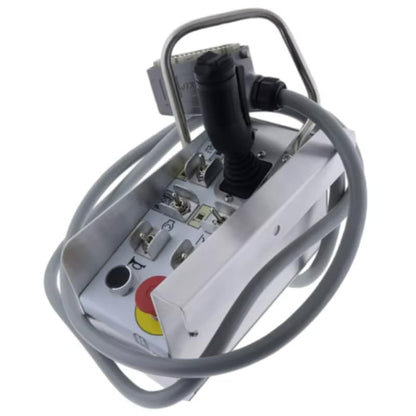 Top angled perspective of 166122 platform control box showing toggle switch layout and coiled cable