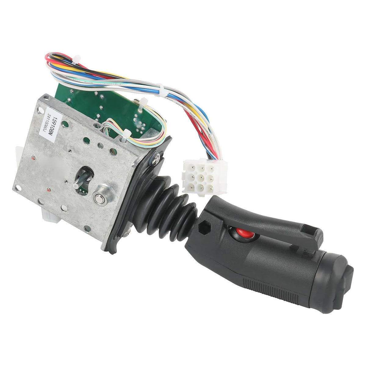 Side perspective of 159108 joystick controller showing metal mounting plate and wiring harness plug