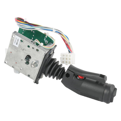 Side perspective of 159108 joystick controller showing metal mounting plate and wiring harness plug