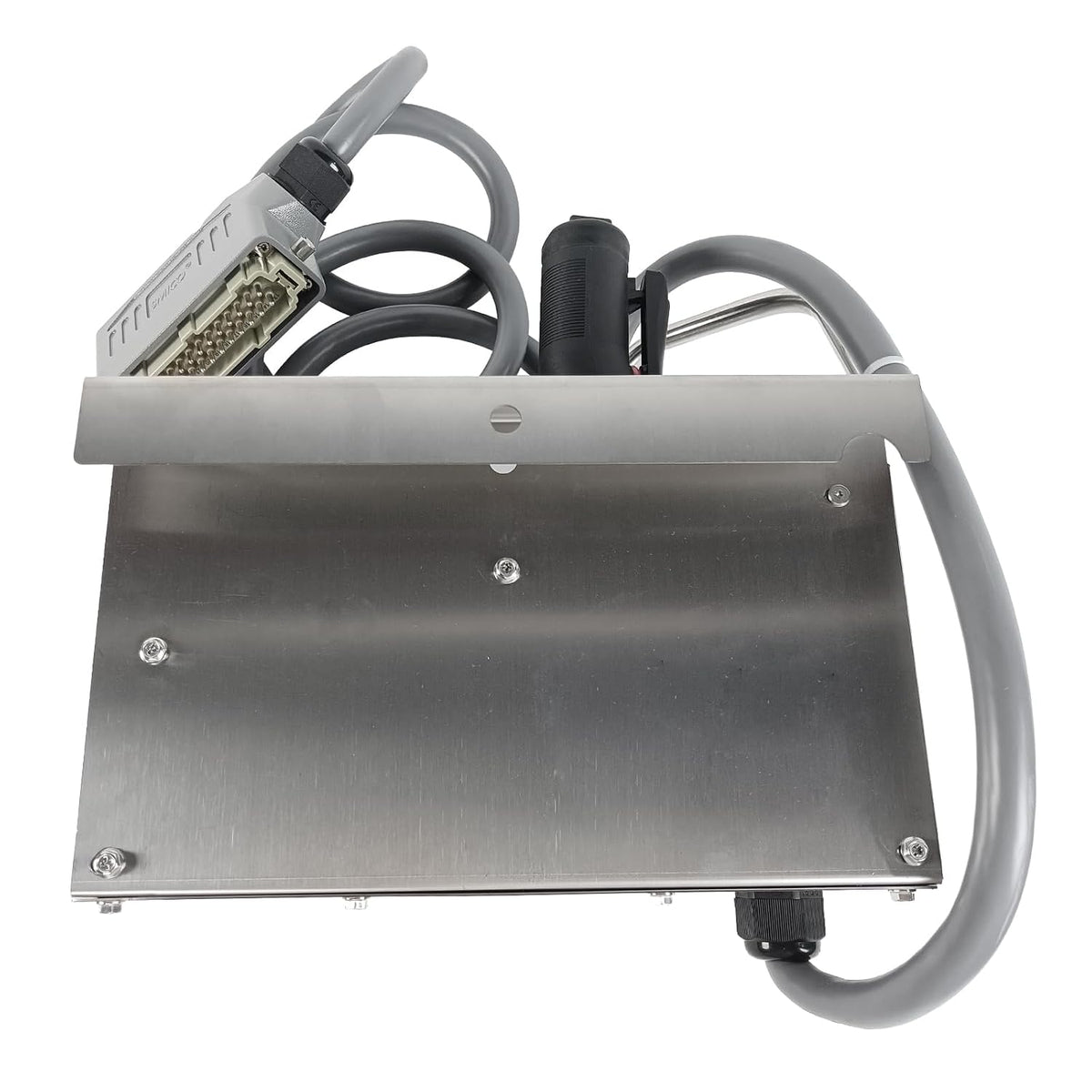 Back view of 166122 control box stainless steel enclosure showing mounting screws and cable gland