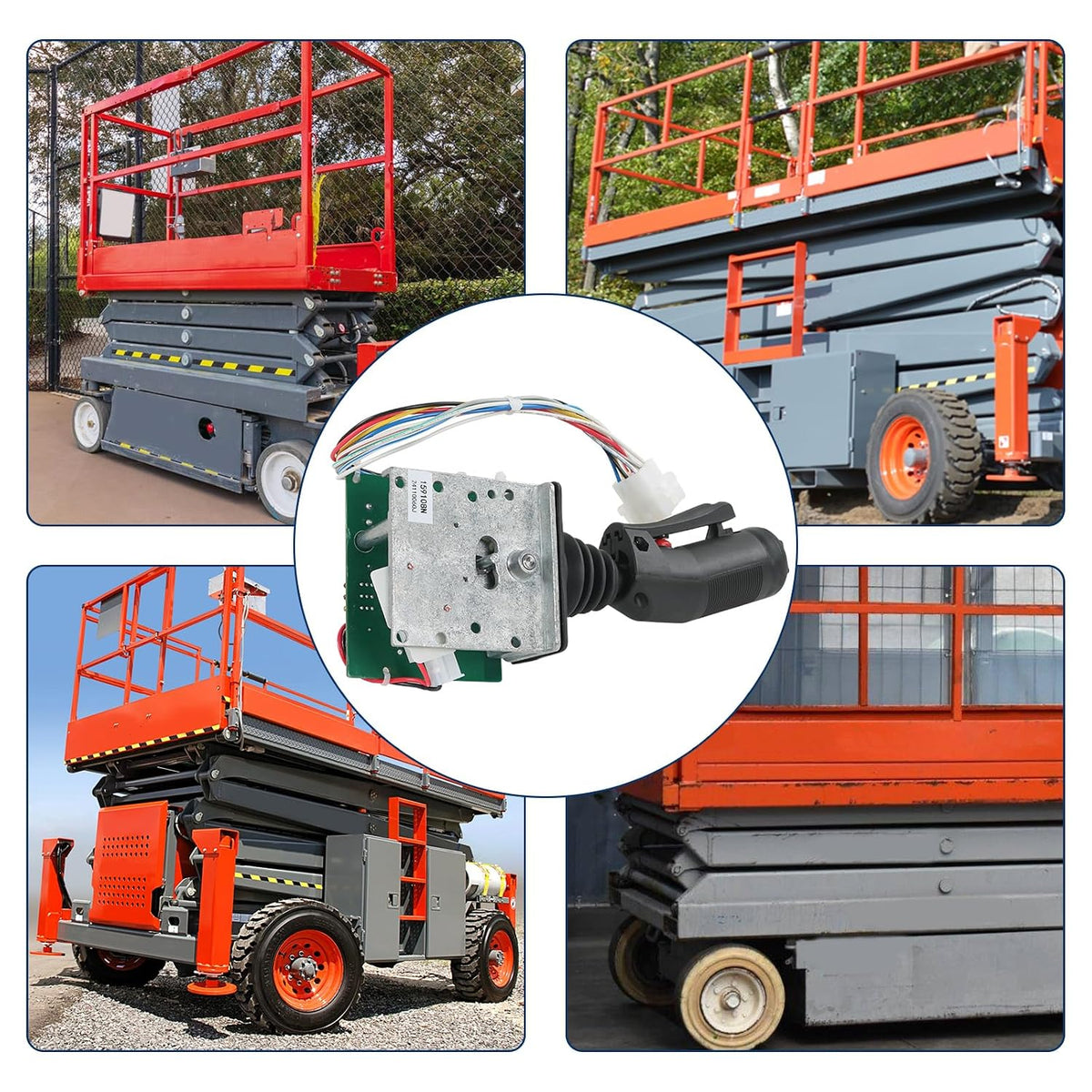 Job site application of 159108 joystick controller installed on Skyjack electric scissor lift models