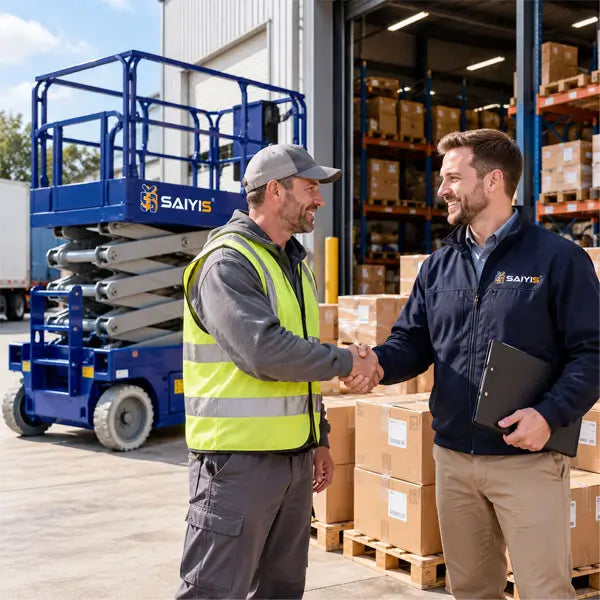 Two business professionals shaking hands outside an industrial warehouse with a scissor lift and replacement parts ready for shipping.
