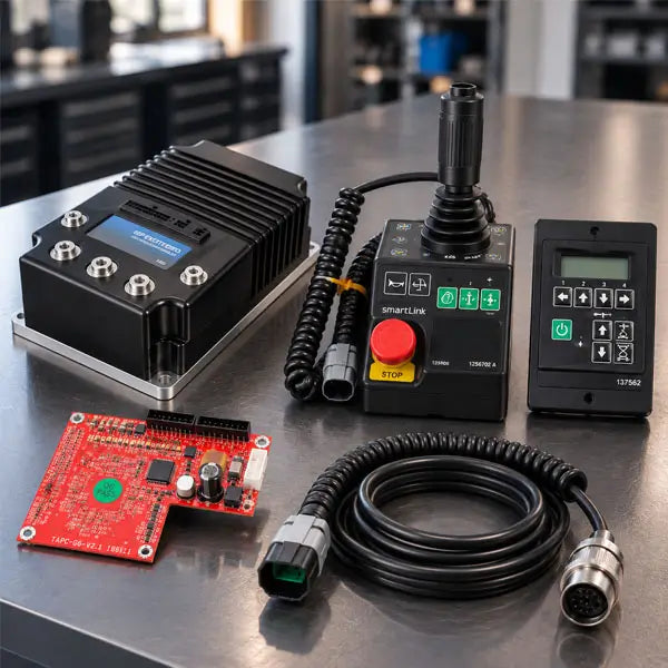 Scissor lift replacement parts including a platform control box, motor controller, circuit board, and control cable harness displayed on a workbench.
