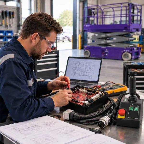 Technician troubleshooting a scissor lift control board with electrical testing equipment at an industrial workshop.