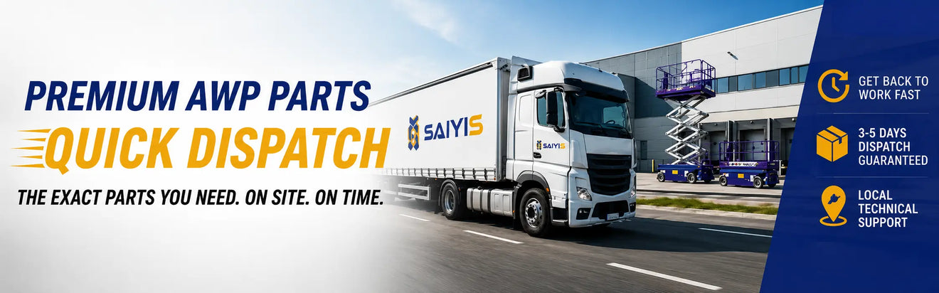 SAIYIS delivery truck transporting aerial work platform replacement parts outside a warehouse with scissor lifts.