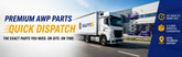 SAIYIS delivery truck transporting aerial work platform replacement parts outside a warehouse with scissor lifts.