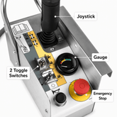 Close-up of the SAIYIS 156879 control panel showing joystick, toggle switches, gauge and emergency stop
