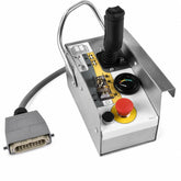 Control layout reference for 156879 platform control box showing joystick switches gauge and emergency stop
