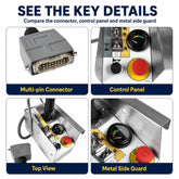 Key details of the 156879 control box including multi-pin connector control panel top view and side guard