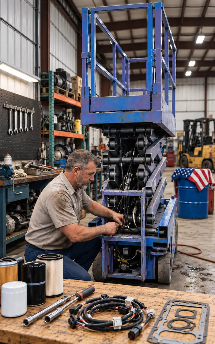 SAIYIS AWP replacement parts technician servicing scissor lift