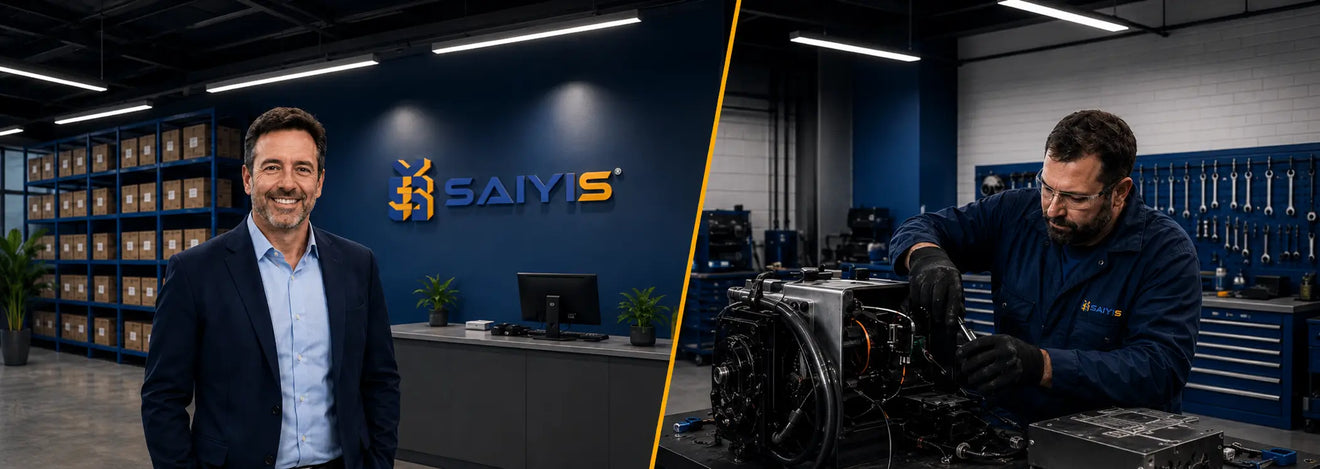 SAIYIS sales representative and technical specialist providing AWP parts support in an office and workshop