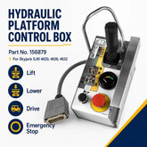 SAIYIS 156879 platform control box showing lift, lower, drive and emergency stop functions